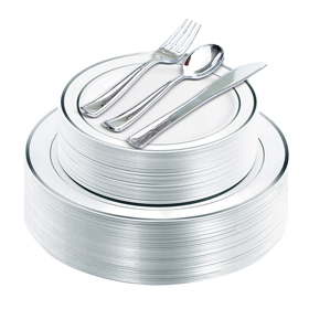 125 Piece Silver Rim Plastic Plates Including : 25 Dinner Plates,25 Dessert/Salad Plates 25 Forks,25 Knives, 25 Spoons.