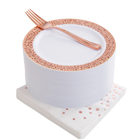 NERVURE Rose Gold Disposable Plates & Napkins Set 150 PCS: 50 Small Plates,50 Gold Forks, 50 Napkins.