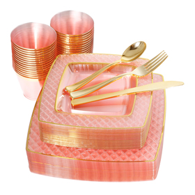  Pink with Gold Silverware Set：25 Dinner Plates 10.25