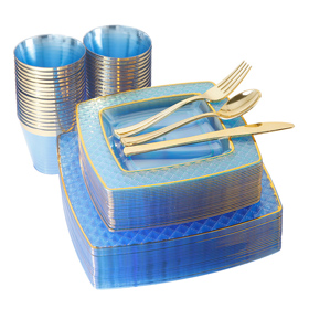  Blue with Gold Sqaure Plastic Silverware Set：25 Dinner Plates 10.25