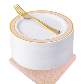 NERVURE Pink with Gold Rim Disposable Tableware Include 50 Dessert Plates & 50 Gold Forks & 50 Napkins.