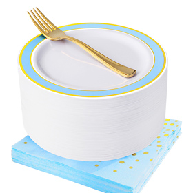 NERVURE Blue with Gold Disposable Plates Napkins Set 150 PCS: Include 50 Dessert Plates,50 Gold Forks, 50 Napkins.