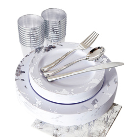 Silver Marbling Disposable Plastic Tableware Set：25 Dinner Plates,25 Dessert Plates, 25 Forks,25 Knives, 25 Spoons, 25 Cups,25 Napkins.