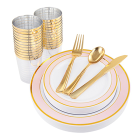 NERVURE 25 Guest Gold Plastic Plates Include 25 Dinner Plates, 25 Dessert Plates, 25 Forks, 25 Knives, 25 Spoons & 10 oz Plastic Cups (Pink)