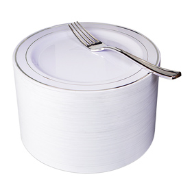 Heavyweight Plastic Disposable 7.5” Small Plates & 102 Silver Plastic Forks (silver)