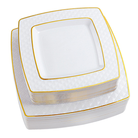 Gold Square Disposable Plastic Plates 36PCS 9.5 inch Dinner Plates And 36PCS 7.6 inch Dessert Plates.