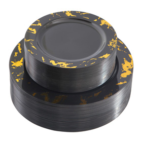 Black with Gold Marbling Plastic Plates including 51Plastic Dinner Plates 10.25inch,51 Salad Plates 7.5inch