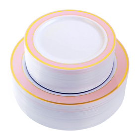 Pink with Gold Rim Disposable Plates Include 51PCS 10.25inch Dinner Plates And 51PCS 7.5inch Dessert Plates.