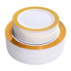 102 Disposable Plastic Plates 51PCS 10.25 inch Dinner Plates 51PCS 7.5 inch Dessert Plates Gold Rim Pearl