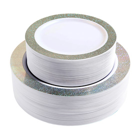 102  Disposable Plastic Plates- 51PCS 10.25 inch Dinner Plates And 51PCS 7.5 inch Dessert Plates Silver Rim.
