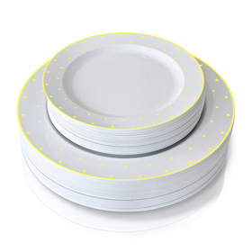 60 Disposable Plastic Plates 30PCS 10.25 inch Dinner Plates And 30PCS 7.5 inch Dessert Plates Gold Rim With Star Pearl.