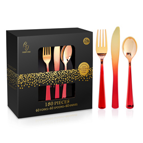 180Piece Gold Plastic Silverware Set, Gold Cutlery includes 60 Forks, 60 Knives, 60 Spoons Nervure (Red/Gold Cutlery)