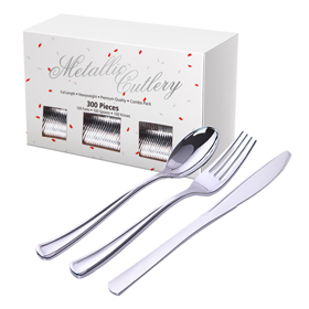 Piece Silver Plastic Silverware Set, (100 Forks,100 Knives,100 Spoons) 